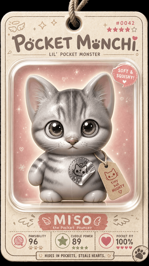 Pocket Monchi — MISO the Pocket Pouncer: a real Wobboo card made from a photo of a tabby kitten