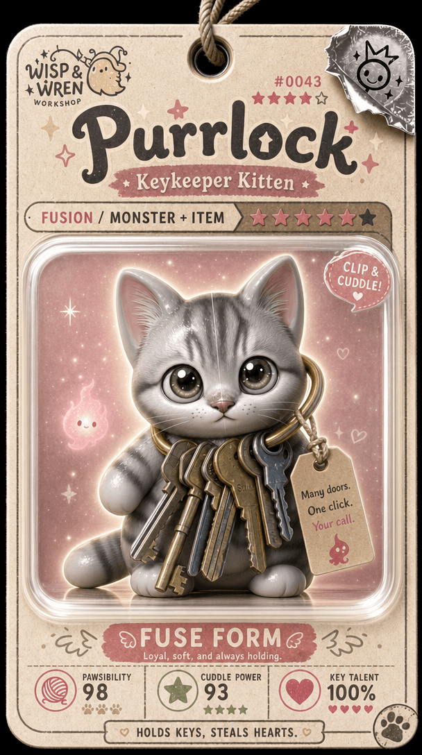 Purrlock, the Keykeeper Kitten: a real Wobboo fusion card, serial #0043, made by fusing the Miso kitten card with the Jinglebyte keys card