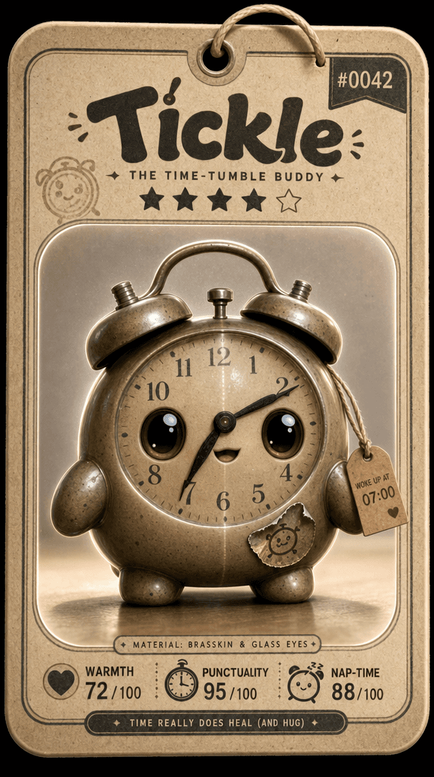 Tickle, the Time-Tumble Buddy, made from a photo of an old alarm clock