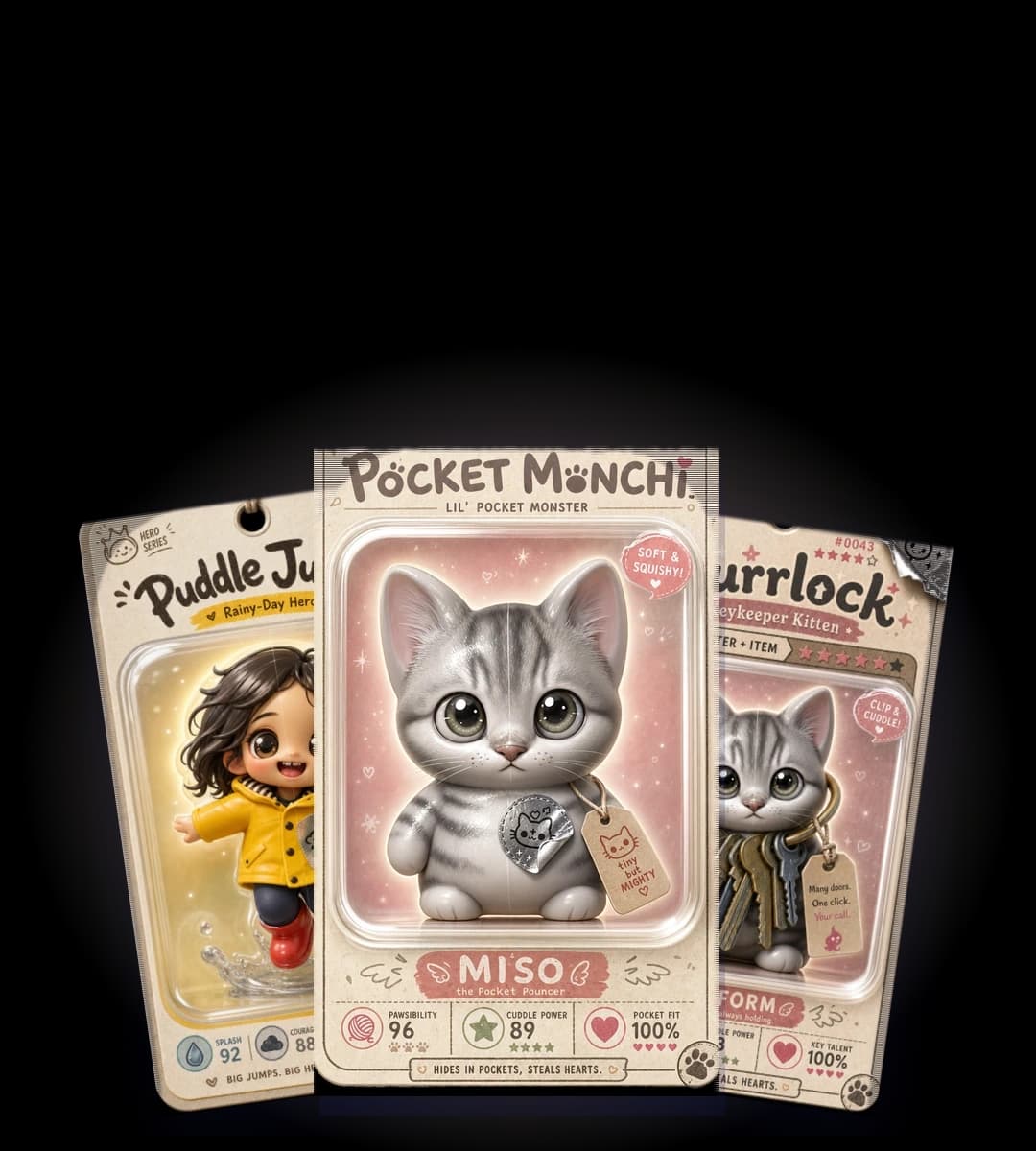 Three real Wobboo cards fanned out: a kid, a kitten and their fused Keykeeper Kitten card