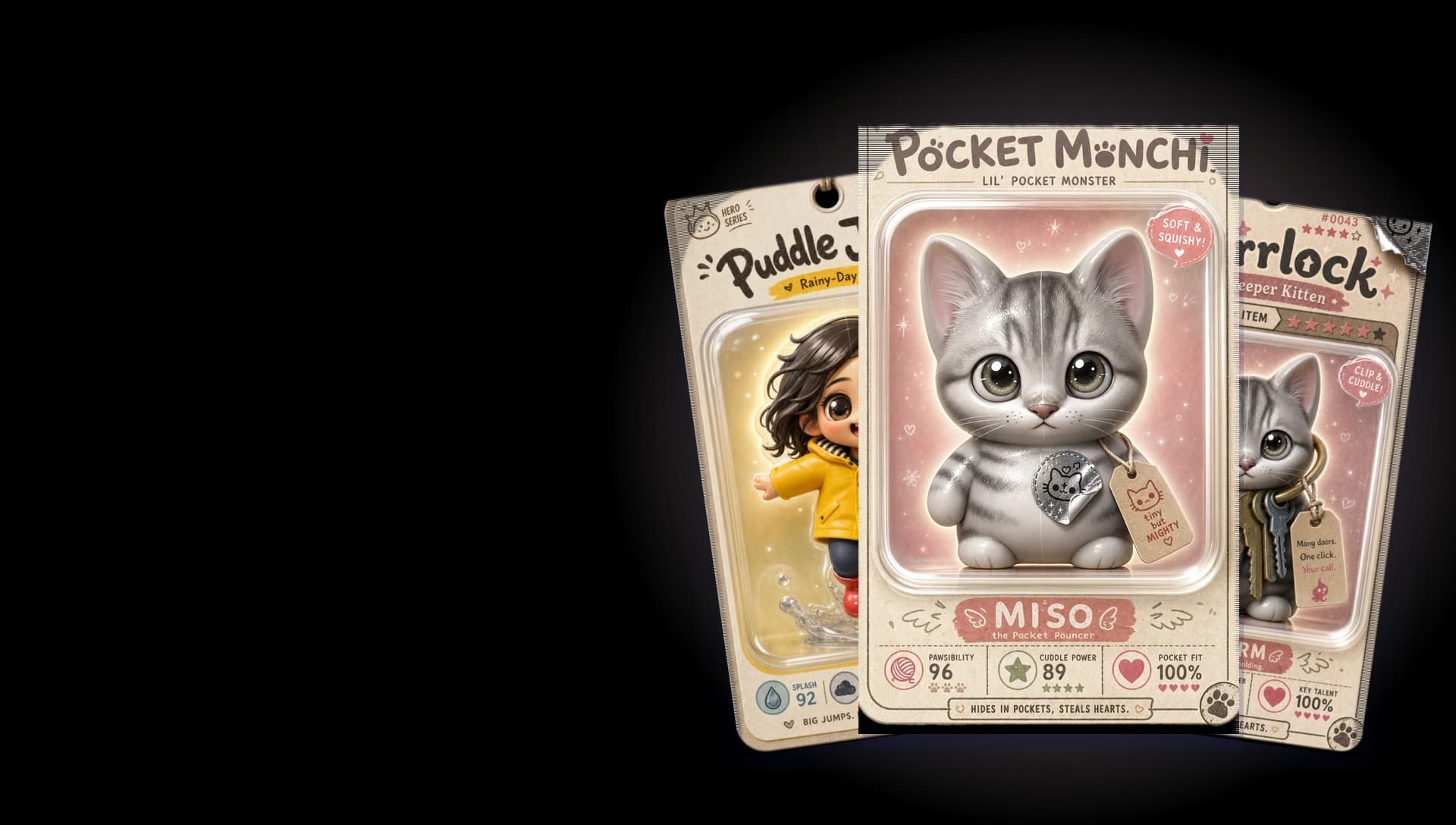 Three real Wobboo cards fanned out: Puddle Jumper the rainy-day hero made from a photo of a kid, Pocket Monchi the kitten, and Purrlock the fusion of a cat and a set of keys