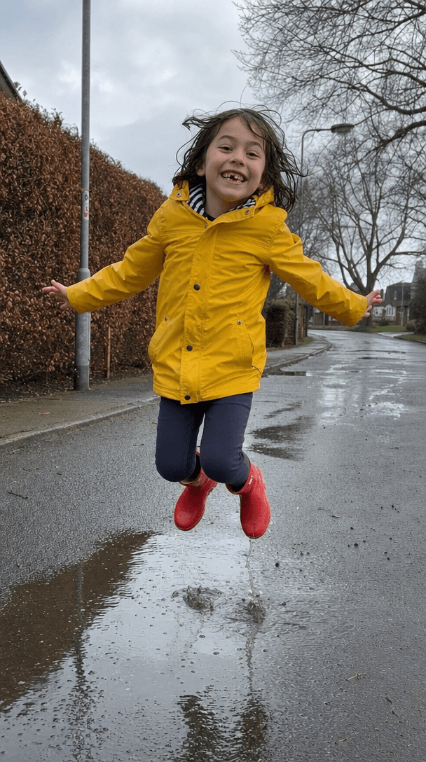 The original photo: a child in a yellow raincoat and red boots jumping in a puddle